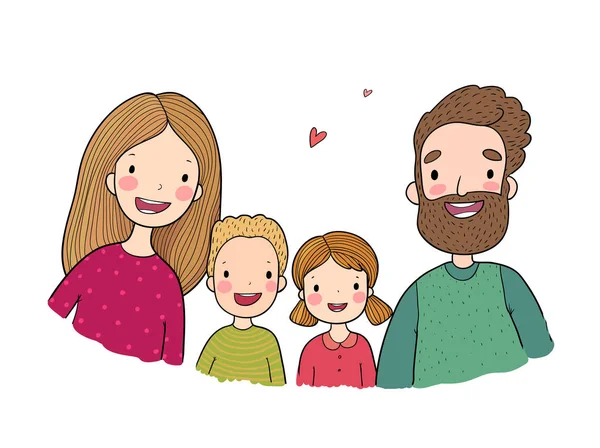 Uma família feliz. Pais com filhos. Desenhos animados bonitos pai, mãe, filha, filho e bebê . — Vetor de Stock