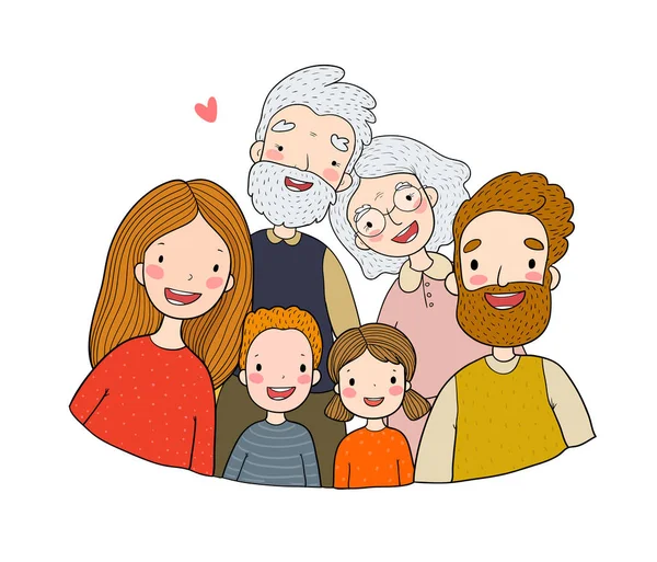 Eine glückliche Familie. Eltern mit Kindern. niedlichen Karikatur Vater, Mutter, Tochter, Sohn und Baby. Großmutter und Großvater. — Stockvektor
