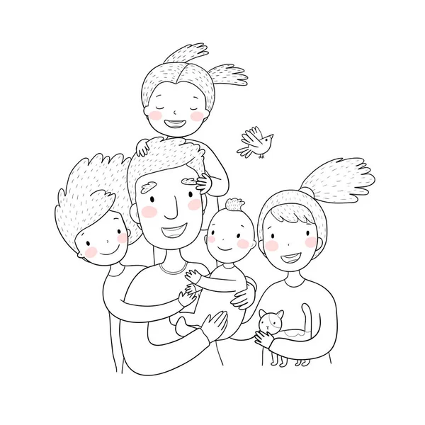 Šťastná rodina. Rodiče s dětmi. Roztomilý kreslený Tatínek, Maminka, Dcera, syn a dítě. — Stockový vektor