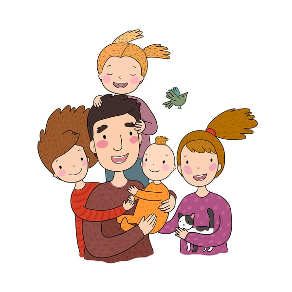 En lycklig familj. Föräldrar med barn. Söta tecknade pappa, mamma, dotter, son och baby. — Stock vektor