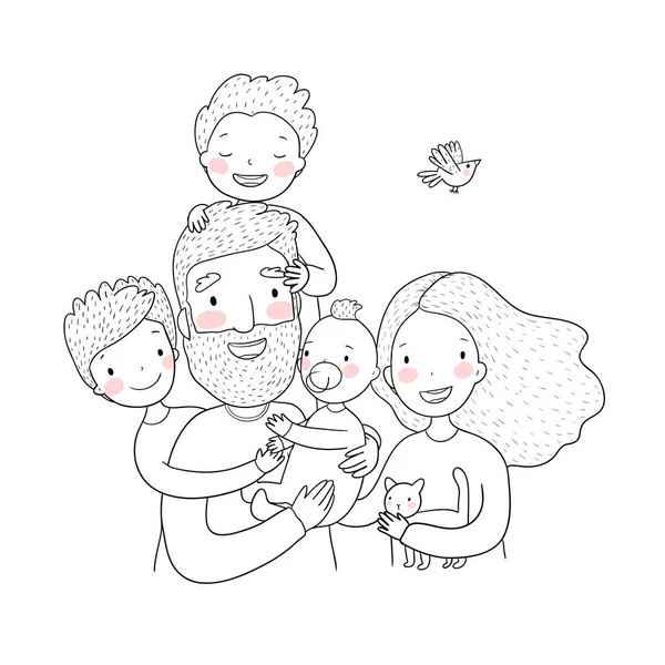 Uma família feliz. Pais com filhos. Desenhos animados bonitos pai, mãe, filha, filho e bebê . —  Vetores de Stock