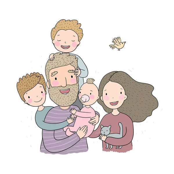 Een gelukkige familie. Ouders met kinderen. Schattige cartoon vader, moeder, dochter, zoon en baby. — Stockvector
