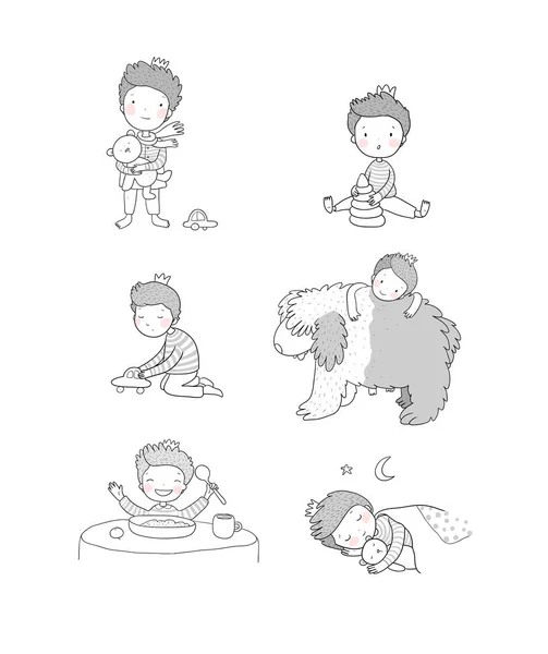 Cute cartoon baby playing with toys and a dog. Cute boy eats porridge and sleeps. little prince — 스톡 벡터