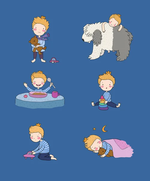 Cute cartoon baby playing with toys and a dog. Cute boy eats porridge and sleeps. little prince — 스톡 벡터