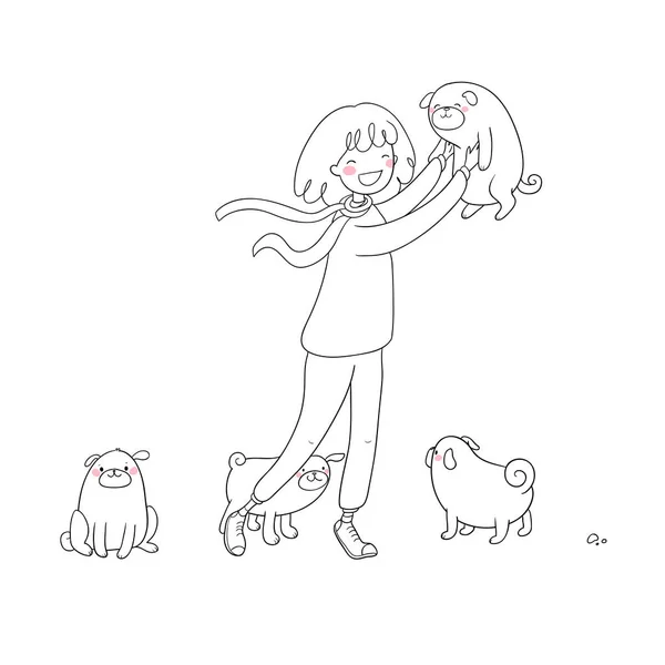 Donna dei cartoni animati in passeggiata con i cuccioli. Bella ragazza e un carlino carino. Animali domestici . — Vettoriale Stock