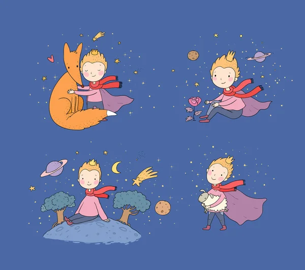 Ein Märchen über einen Jungen, eine Rose, einen Planeten und einen Fuchs. Prinz mit Schaf. Kleiner Prinz — Stockvektor