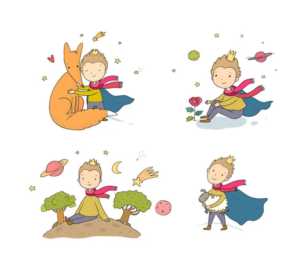 A fairy tale about a boy, a rose, a planet and a fox. prince with a sheep. Little prince — 스톡 벡터