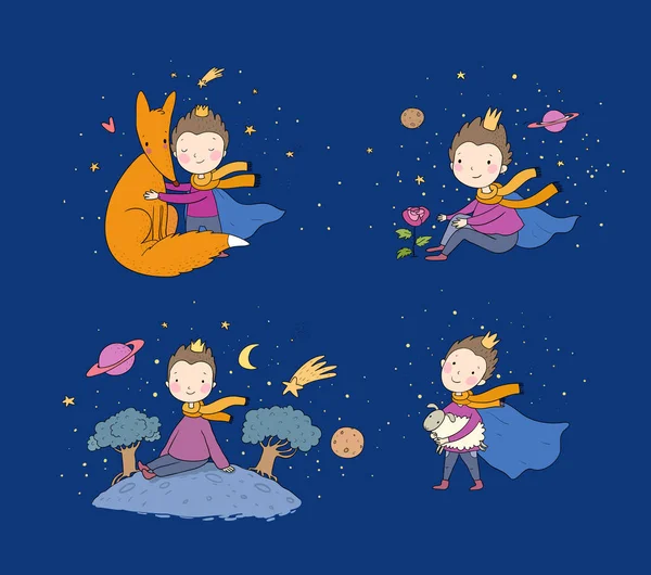 A fairy tale about a boy, a rose, a planet and a fox. prince with a sheep. Little prince — 스톡 벡터