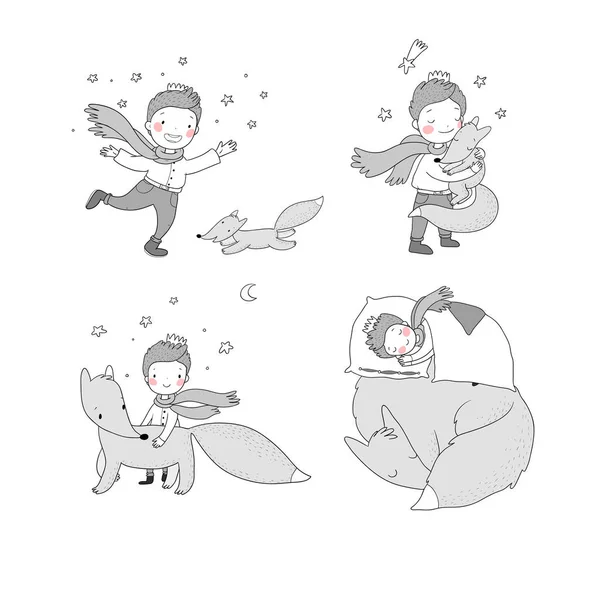 Little cute boy and foxes. fairy tale about the prince. kids design — 스톡 벡터