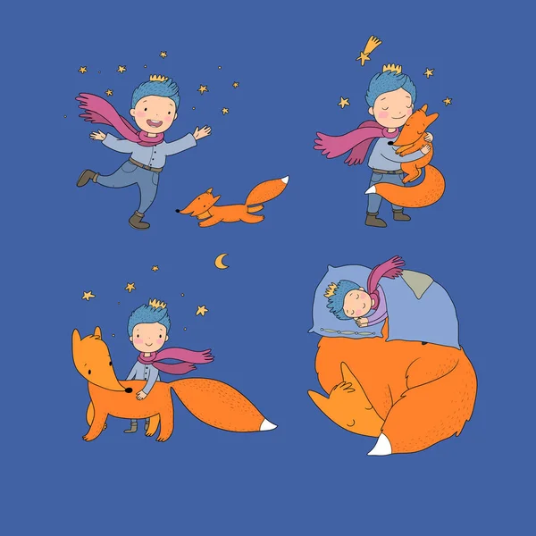 Little cute boy and foxes. fairy tale about the prince. kids design — 스톡 벡터