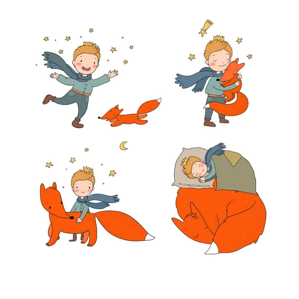 Little cute boy and foxes. fairy tale about the prince. kids design — 스톡 벡터