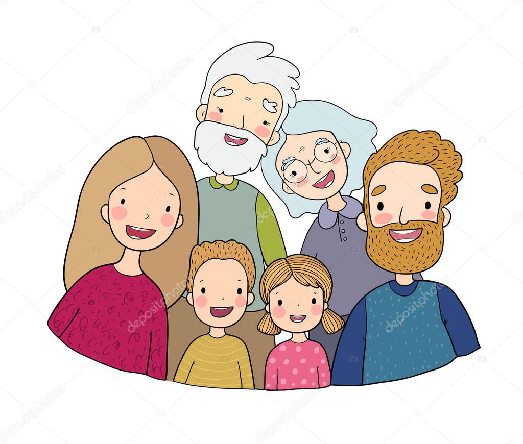 A happy family. Parents with children. Cute cartoon dad, mom, daughter, son and baby. grandmother and grandfather.