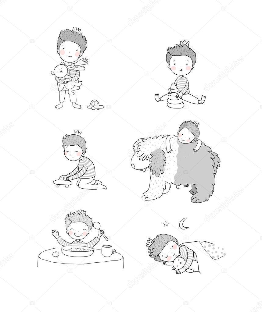 Cute cartoon baby playing with toys and a dog. Cute boy eats porridge and sleeps. little prince