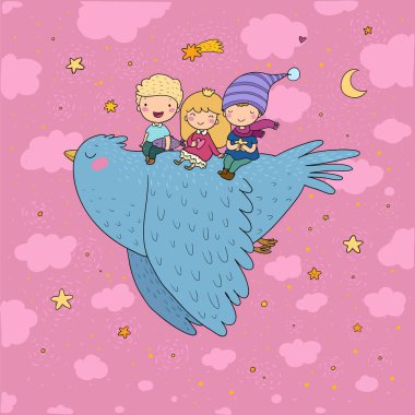 Cute cartoon kids are flying on a bird. Funny gnomes and princess. Little elves. small children clipart