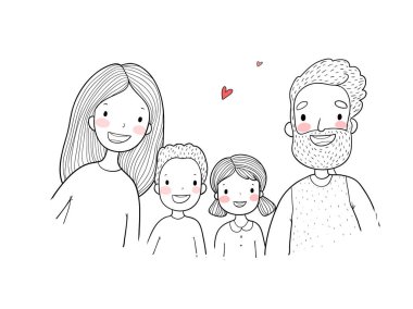 Mutlu bir aile. Anne ile çocuk. Sevimli çizgi baba, anne, kızı, oğlu ve bebek.
