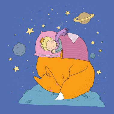 Küçük şirin çizgi film çocuğu ve tilkiler. Vektör