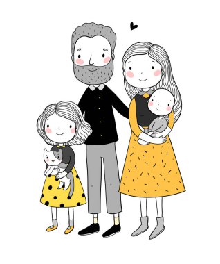 Mutlu bir aile. Anne ile çocuk. Sevimli çizgi baba, anne, kızı, oğlu ve bebek.