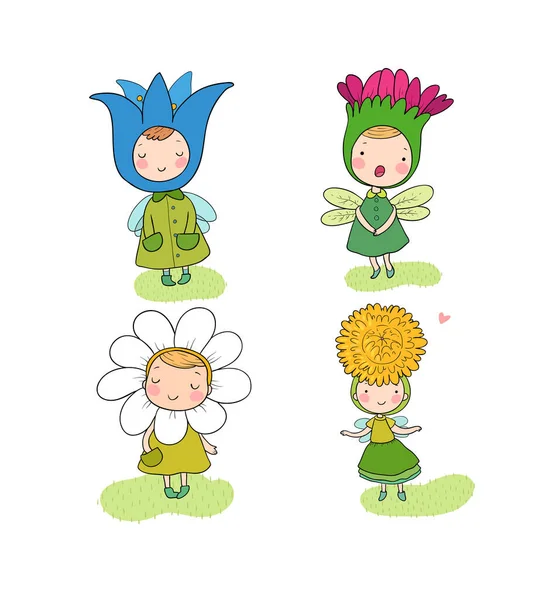 Lindas hadas de dibujos animados flor. Gnomos del bosque. Criaturas de cuento de hadas. Niños graciosos — Vector de stock