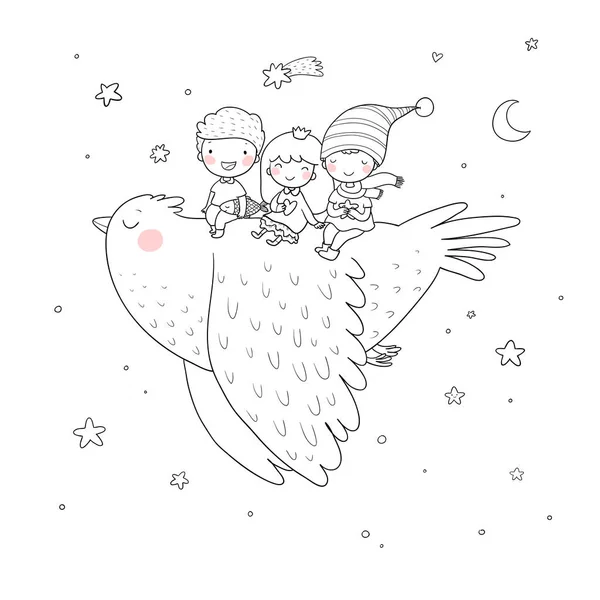 可爱的卡通片孩子们骑着一只小鸟飞行.有趣的侏儒和公主。小精灵。幼儿 — 图库矢量图片