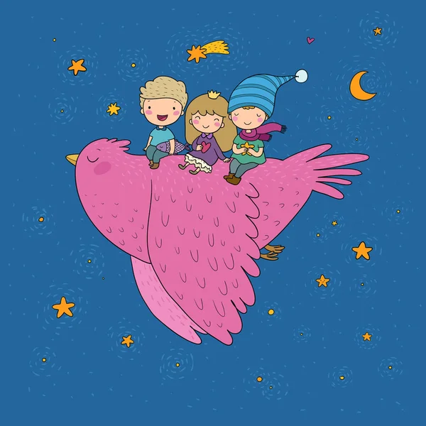 Les mignons enfants de dessin animé volent sur un oiseau. Drôle de gnomes et de princesse. Des petits elfes. petits enfants — Image vectorielle