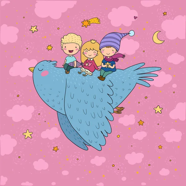 Leuke tekenfilmkinderen vliegen op een vogel. Grappige kabouters en prinses. Kleine elfjes. kleine kinderen — Stockvector