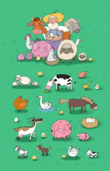 Cute cartoon farmer and animals. Country man and cow, horse and sheep, chicken and goose, pig and rooster. extra big set — Stock Vector