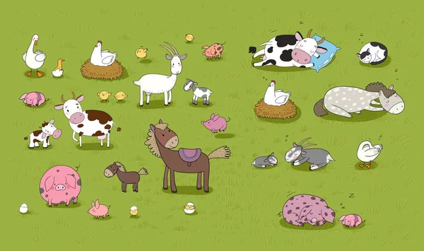 Animais de quinta. Bonito cavalo de desenho animado, vaca e cabra, ovelhas e ganso, frango e porco. Animais adormecidos —  Vetores de Stock