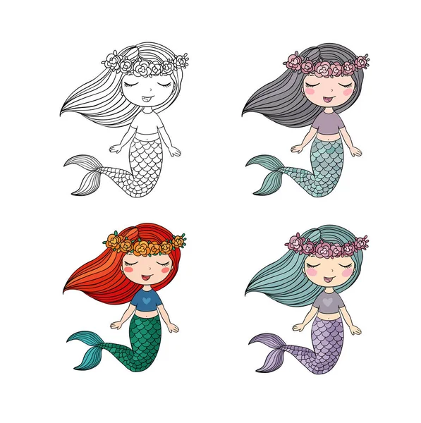 Set di simpatico cartone animato sirenetta. Sirena. Tema Mare . — Vettoriale Stock
