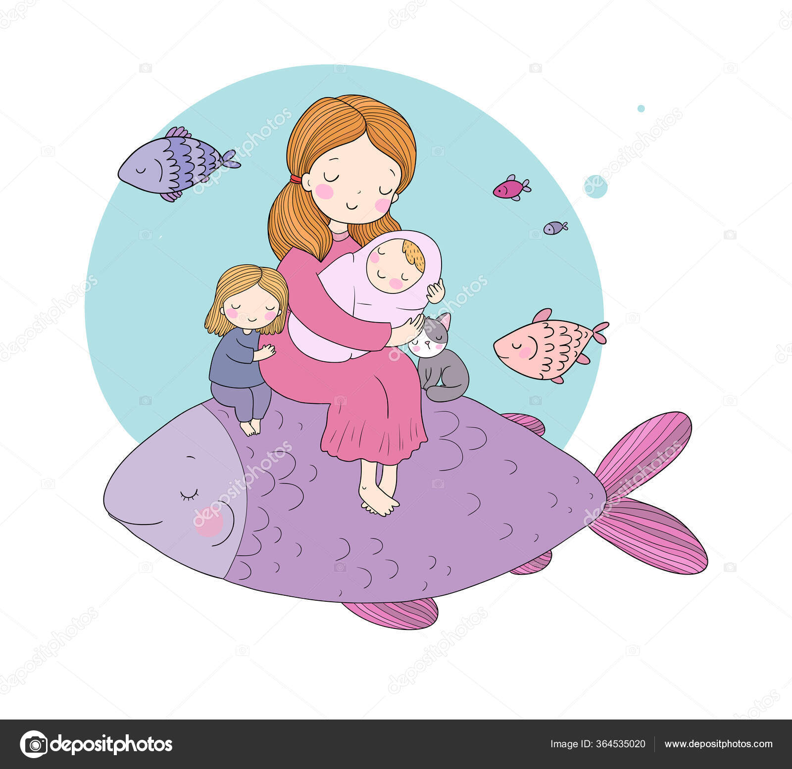 Mom with a baby and daughter and a big magic fish. Woman with a