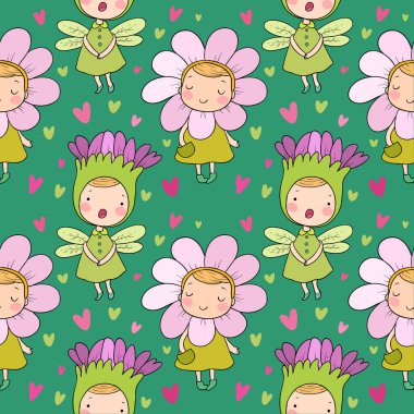 Şirin çiçek perili desen. Orman cüceleri. Peri masalı yaratıkları. Komik çocuklar.