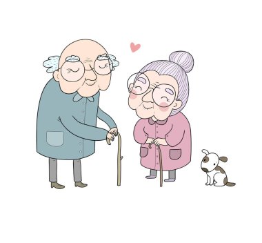 Mutlu son sınıf çifti. Büyükannem ve büyükbabam bir köpekle yürür.