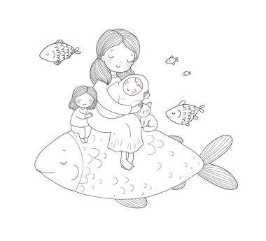 Bebeği ve kızı olan bir anne ve büyük sihirli bir balık. Yeni doğmuş bebeği olan bir kadın.