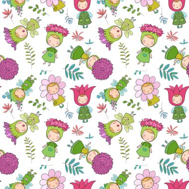 Şirin çiçek perili desen. Orman cüceleri. Peri masalı yaratıkları. Komik çocuklar.
