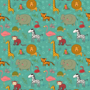 Afrika hayvan deseni. Çizgi film hayvanat bahçesi. Komik fil, bizon, papağan, maymun ve kaplumbağa.
