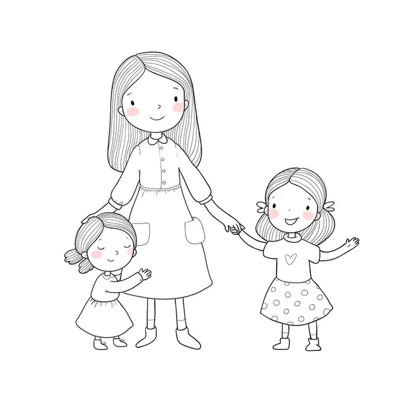 Madre joven y dos hijas. Bonitas hermanas de dibujos animados. Familia feliz. Profesor de jardín de infantes — Archivo Imágenes Vectoriales