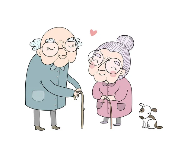 Szczęśliwa para seniorów. Babcia i dziadek spacerują z psem — Wektor stockowy