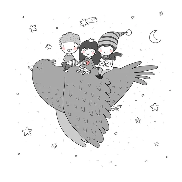 Lindos niños de dibujos animados están volando en un pájaro. Gnomos graciosos y princesa. Pequeños elfos. niños pequeños — Vector de stock