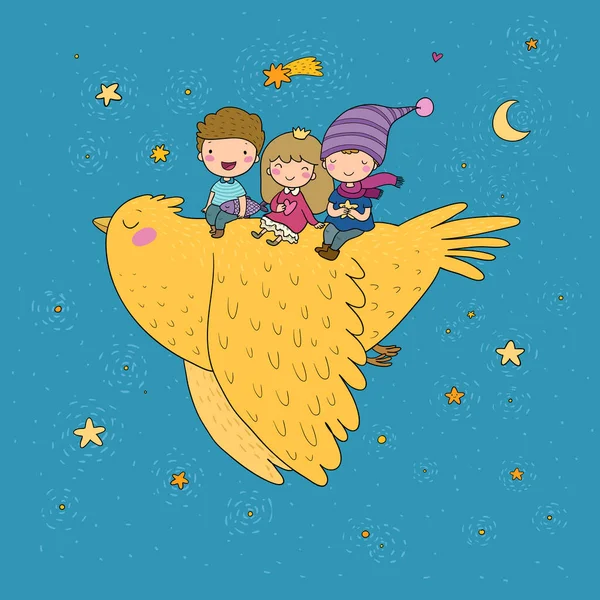 Lindos niños de dibujos animados están volando en un pájaro. Gnomos graciosos y princesa. Pequeños elfos. niños pequeños — Archivo Imágenes Vectoriales