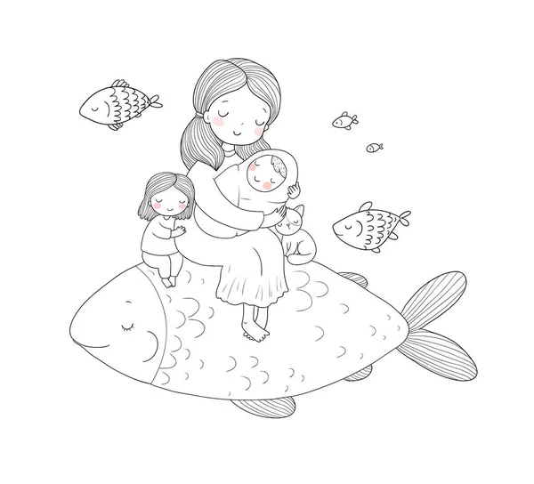 엄마는 아기와 딸 이 있고 큰 마법 물고기가 있어요. 신생아가 있는 여자 — 스톡 벡터