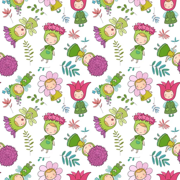 Patrón con hadas lindas flores de dibujos animados. Gnomos del bosque. Criaturas de cuento de hadas. Niños graciosos — Vector de stock