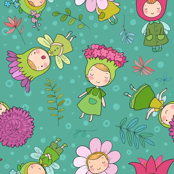 Pattern with Cute cartoon flower fairy ries. Лесные гномы. Сказки. Смешные дети — стоковый вектор