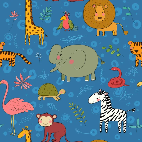 Wzór zwierząt afrykańskich. Kreskówkowe zoo. Śmieszny słoń, żubr, papuga, małpa i żółw. — Wektor stockowy