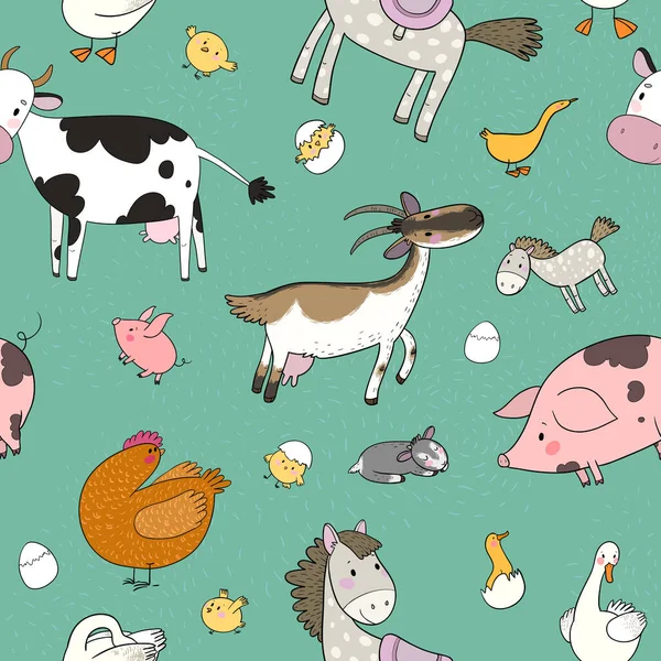 Patrón con animales de granja. Lindo caballo de dibujos animados, vaca y cabra, ovejas y ganso, pollo y cerdo . — Vector de stock