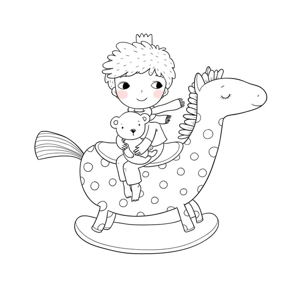 Pequeño chico lindo de dibujos animados sentado en un caballo mecedora. Niño y oso de peluche — Vector de stock