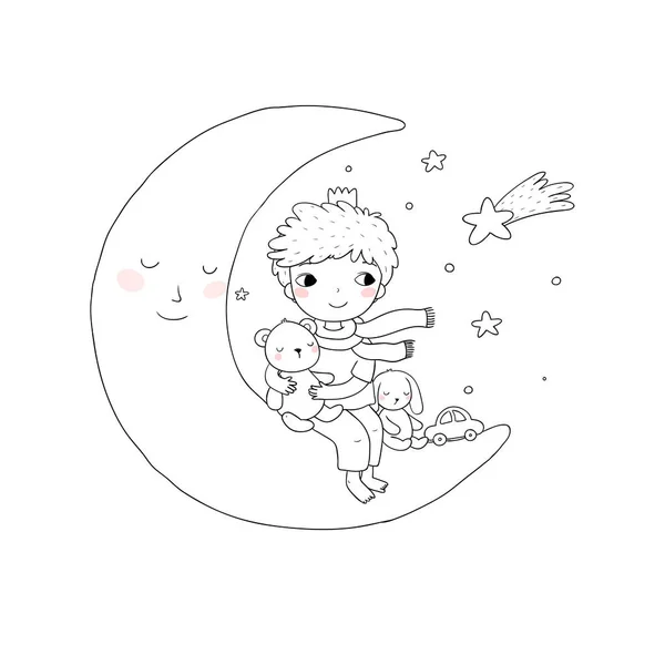 Le petit prince est assis sur la lune. Mignon enfant dessin animé avec des jouets. Un garçon avec un ours en peluche et un lapin. Temps de sommeil . — Image vectorielle