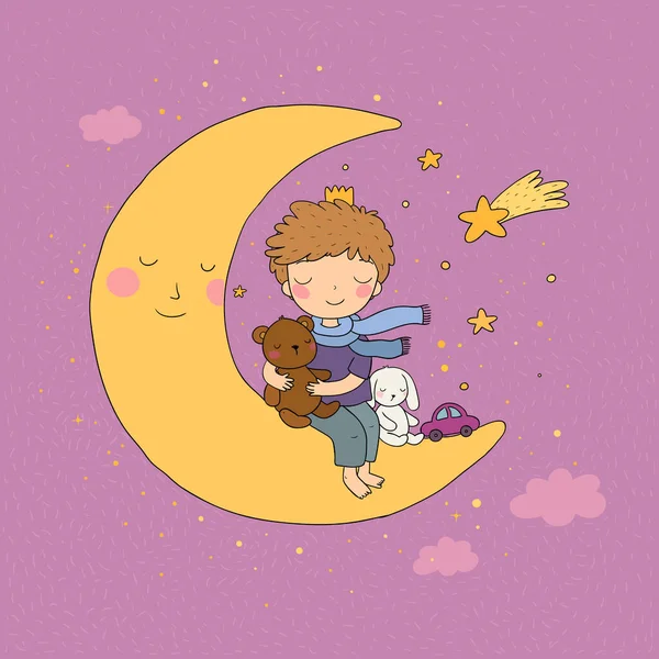 El principito está sentado en la luna. Lindo niño de dibujos animados con juguetes. Un chico con un osito de peluche y un conejo. Hora de dormir. . — Vector de stock