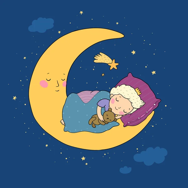 The little prince is sleeping on the moon. Cute cartoon boy in bed — Stock Vector