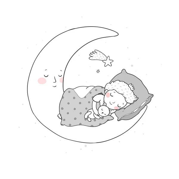 Le petit prince dort sur la lune. mignon dessin animé garçon dans lit — Image vectorielle