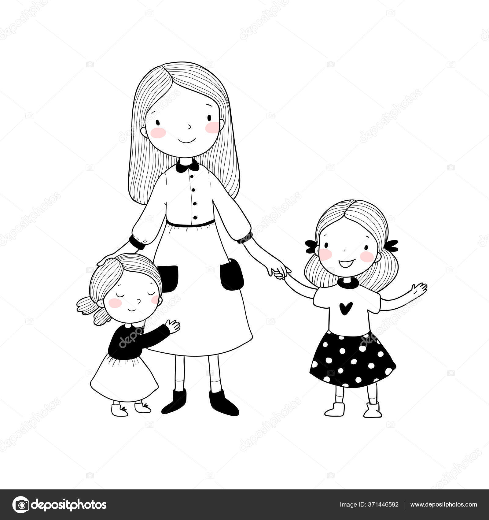 Молодая Мать И Две Дочери. Милые Мультяшные Сёстры. Счастливая.