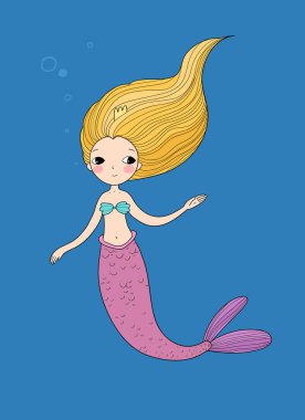 Tatlı çizgi film küçük denizkızı. Siren sesi. Deniz teması.
